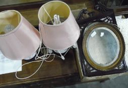 Pair of white pierced ceramic table lamps on wooden stands, two mirrors and a quantity of table