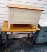 Pine top box with contents of quilt and a side table (2)