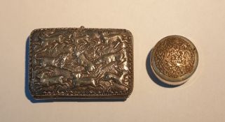 Indian/Burmese white metal cigarette case, rectangular and allover embossed with hunting animals and