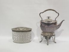 Electroplated teapot on stand and a cut glass bowl with electroplated lidded top, of oval form (2)