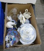 Assorted ceramics including swan vases, a blue and white flower planter, glassware, etc (1 box)