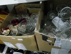 Two boxes of glassware including wines, vases and a modern wooden letter rack