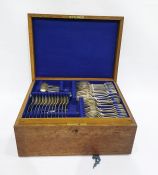 Canteen of silver plated fiddle pattern cutlery for 12 covers in fitted oak case (some additions and