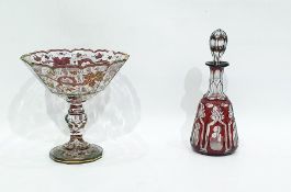 Glass pedestal sweetmeat bowl with allover ruby scrolling vine leaves and shaped gilt decorated