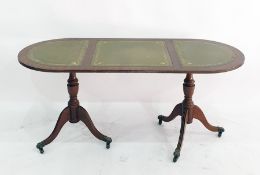 20th century coffee table with green leatherette inset top, on twin pedestal supports, 121cm x 53cm