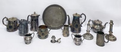 Victorian silver plated four-piece tea set with engraved decoration, a pair of candlesticks and