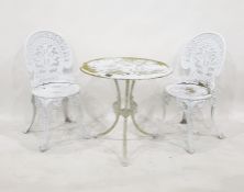 Painted metal circular garden table with two matching chairs (3)