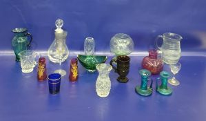 20th century studio green glass bowl, a 20th century clear glass vase with etched fish design, etc