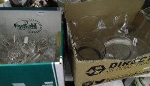 Two glass Pimms/ice jugs and other glassware (2 boxes)