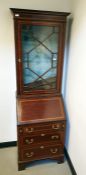 19th century mahogany and satinwood banded bureau bookcase with ogee moulded pediment above the