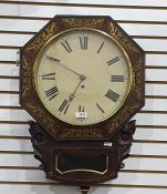 Early 19th century brass inlaid mahogany drop dial wall clock, the octagonal face with pierced brass