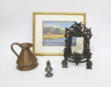 19th century cast iron photograph frame in rococo style applied with musical putti 36cm high,