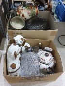 Glass decanter, a claret jug, a glass biscuit barrel, an electroplated food dome, two