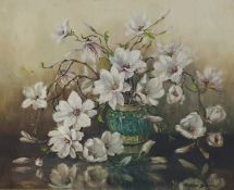 Oil on canvas Marion L Broom Magnolias in vase 63 x 75cm approx