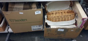 Quantity of baskets varying sizes and shapes with cream linen removable linings, rugs, sheets,