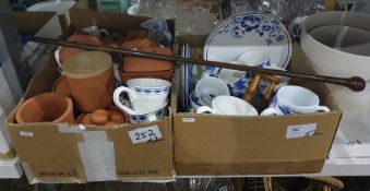 Assorted mugs including Shirley Conran, Portmeirion, two flower planters, cream with mottled
