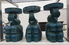 Three carved wooden elephant conservatory seats, painted turquoise