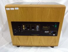 Pair of REL Stentor II sub-bass system subwoofers in lightwood cases with glass tops, instructions