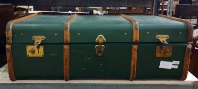 Victor floor polisher with accessories, canvas and wood bound school trunk containing a boxed dog