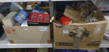 Quantity of assorted glassware, Tetley tea musical mugs, vintage tins, baskets, horse brasses,