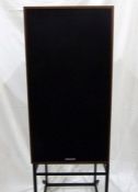 Pair of Spendor SP100R2 speakers in dark wood cases, on metal stands
