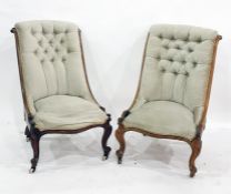 Pair of walnut framed salon chairs with button upholstered backs, serpentine front rails, on