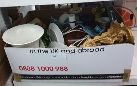 Box of assorted ceramics including two ceramic table lamps, plates, candlestick, etc (1 box)
