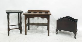 An oak luggage rack, a mahogany magazine rack and a square-top occasional table with carving to