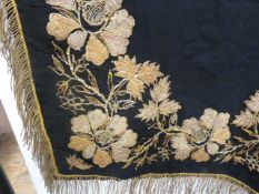 Black wool cloth, embroidered in gold and silver coloured thread, fringed. 109 x 11 cms