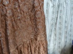 Vintage brown satin quilted single bedspread with valence, a large full length single curtain, lined