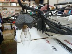 French bronze and Lalique style glass pendant light fitting on three twist-branch supports, the