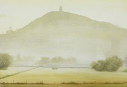 Tom Barnfield Watercolour drawing Glastonbury Dawn, 16.5cm x 22cm