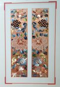 Two Chinese embroidered silk panels, probably cut-down detachable sleeve panels framed, of