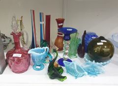 Various items of glassware to include a cranberry-tinted glass cruet bottle and stopper, items of