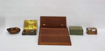 Quantity of wooden boxes, a writing slope, 33cm x 25cm x 6.3cm, two letter racks, a leather