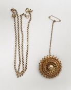 9ct gold circular brooch, stylised target design with filigree border and a 9ct gold fine belcher