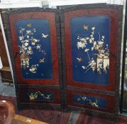 Two-fold Eastern screen with mother-of-pearl applied motifs of various butterflies and birds amongst