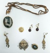 Edwardian 9ct gold and garnet scroll pendant, pair gold-coloured metal garnet cluster screw-