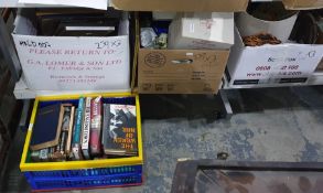 Four boxes of various items including table lamp, two small white busts, Brahms and Gounod, framed