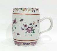 Chinese export Famille Rose barrel-shaped mug, late 18th century, painted with bouquets of