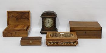 Oak eight-day mantel clock of arched rectangular form, 22cm high and six hinged boxes and covers