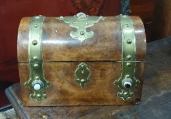 Dome top walnut and brass bound tea caddy inset with agate roundels and a further smaller trinket