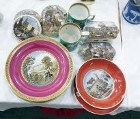 Various items of Pratt-type printed pottery to include turquoise ground mugs, four circular pot