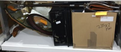 Two boxes of ceramics and pewter ware, a shooting stick, a small metal detector, two circular