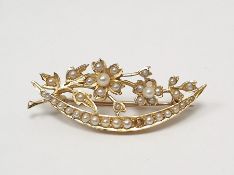 Antique gold and pearl floral spray and crescent brooch (several pearls missing), cased