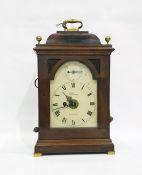 19th century mahogany bracket clock with brass loop handle, raised cushion pediment, the enamel dial