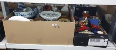 Two boxes of ceramics and small quantity of wooden toys including stoneware jars, fruit basket,
