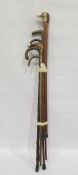 Collection of eight assorted walking canes to include a brass-topped example mounted with a duck's