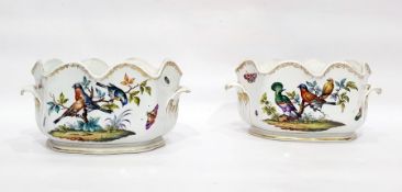 Pair of late 19th century Dresden porcelain monteiths, blue AR marks, each painted with birds