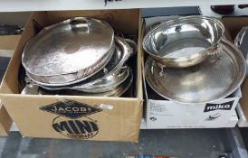 Large quantity EPNS serving dishes, trays, salvers etc (2 boxes)
